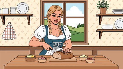 Flat vector illustration of a German woman slicing and serving traditional bread at a wooden table, classic food culture and lifestyle activity