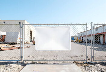 Industrial construction site with metal fence and blank banner, commercial development