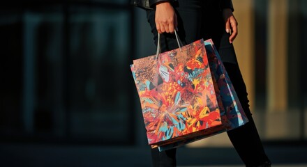 Woman holding colorful shopping bag while walking along downtown street