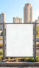 Blank construction banner against city skyline, advertising potential