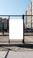 Real estate development site with blank banner, urban advertising potential