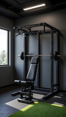 Compact gym equipment in sleek interior with natural light, fitness