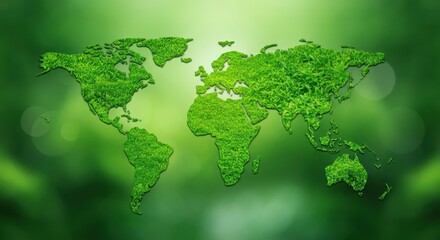 Green world map composed of foliage on soft blurred green background and copyspace