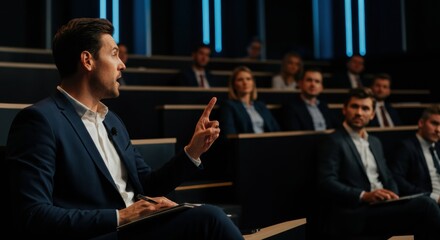 Man speaking at corporate panel in auditorium with attentive professional audience