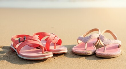 Sandals on sandy beach with warm sunlight and soft shadows along shore
