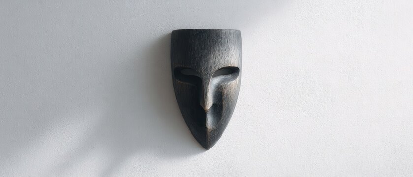 Minimalist Aleut Mask Art Piece Hanging on Stark White Wall with Soft Shadow Effects