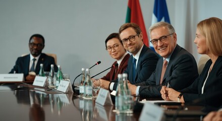 Business meeting delegates seated at conference table smiling and conversing