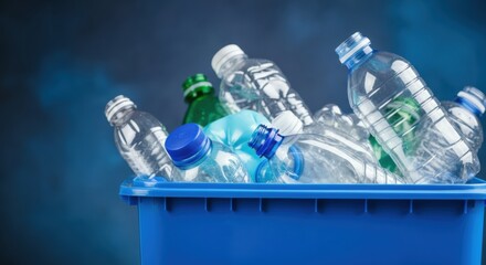 Recycling bin full of clear and colored plastic water bottles for disposal