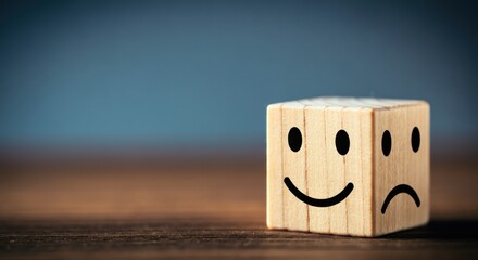 Wooden cube with smiling and frowning faces on tabletop with soft bokeh