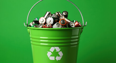 Green recycling bucket filled with used batteries against green backdrop for disposal