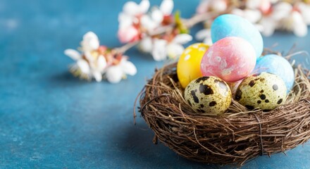 Easter eggs and quail eggs arranged in a nest with spring blossoms nearby