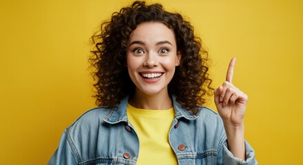 Woman pointing upward with enthusiastic smile against yellow background