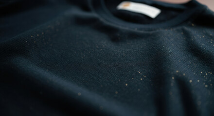 Dark sweater close-up with scattered lint and dust on textured knit fabric