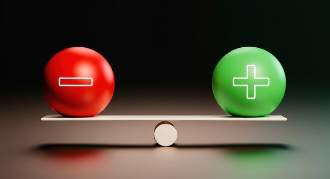 Colored spheres with plus and minus symbols balanced on a seesaw scale