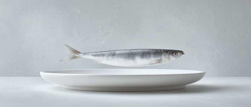 Minimalist Silver Fish on White Plate Against Light Textured Background