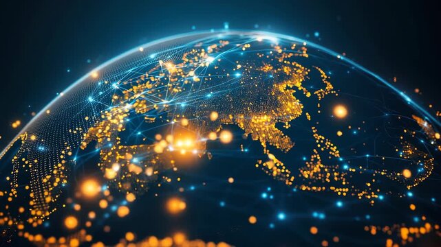 Aerial view of a glowing digital globe with interconnected networks, showcasing global connectivity. Ideal for a futuristic tech video theme. Live desktop wallpaper.