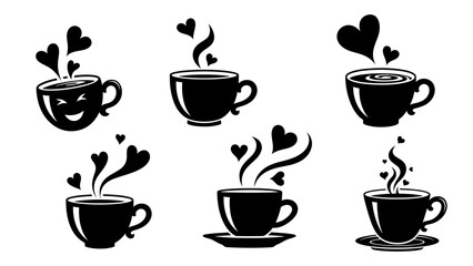 Fototapeta premium Decorative coffee cup illustrations with whimsical heart steam patterns and smiling face for cafe marketing and morning routine greeting card design art