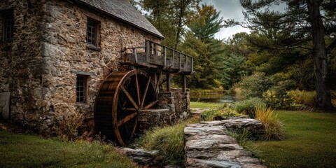 Obraz premium Historic Grist Mill with Water Wheel in Lush Green Landscape.