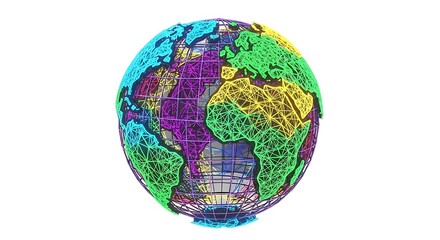 Wireframe globe with continents in vibrant neon colors purple green yellow blue on white background