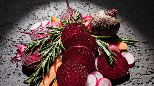 Vibrant Beet And Root Vegetables Arrangement With Rosemary Sprigs Culinary Still Life