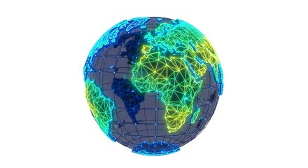 Wireframe globe with glowing neon lines showing continents in blue green and yellow on white background