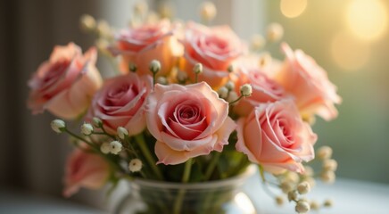 Obraz premium Vase with pink roses in it on a table