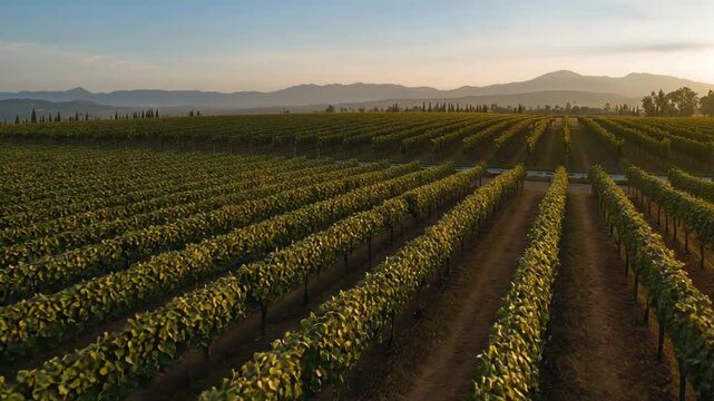 Flying drone lowering over vineyard, showing converging trellised vines, dirt paths, warm light