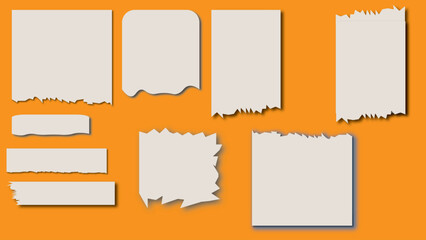 Obraz premium Collection of torn and ripped white paper scraps with jagged edges isolated on orange background