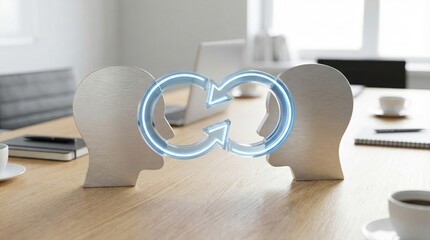 Creative collaboration and communication concept with metallic human heads and glowing arrows connection on meeting table background