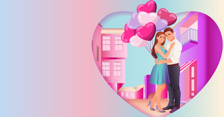 Romantic couple with heart-shaped balloons in a city. Valentine Day design with copy space. Horizontal vector illustration.
