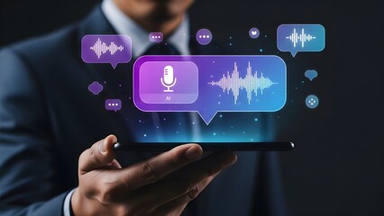 Businessman interacting with voice assistant technology on smartphone