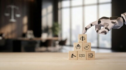 AI robot hand arranging legal icons on wooden blocks,concept of legaltech,artificial intelligence in law and digital justice system