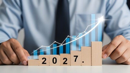 Businessman analyzing growth graph on wooden blocks for 2027 projection