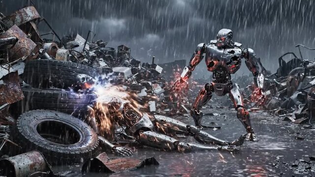 Robot vs Robot Battle in Scrap Yard, Sci-Fi Action, Futuristic War, Cyberpunk