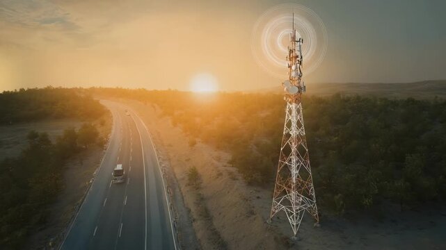 Medium shot of a smart tower utilizing IoT sensors to observe structural integrity and power usage beside a rural highway during sunset