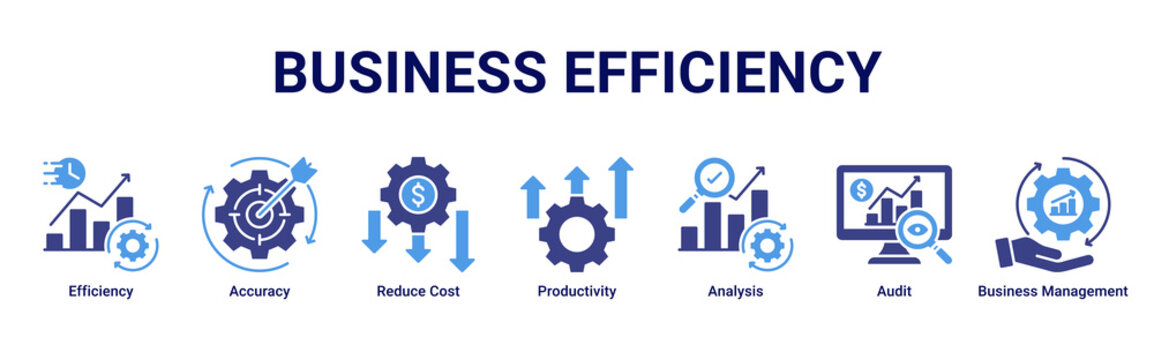 Business Efficiency banner illustrating productivity improvement, cost reduction, and performance analysis icons