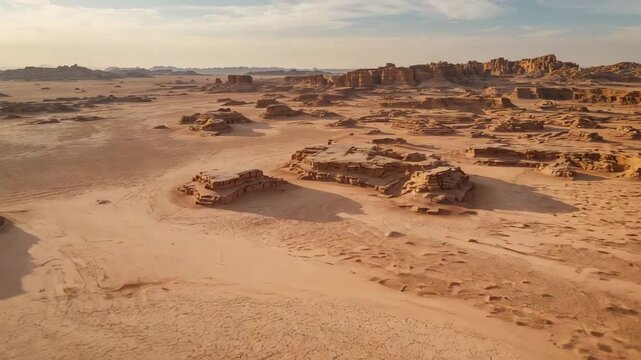 Pulling back drone camera revealing big flat-topped sandstone mesa in desert to show broad panorama