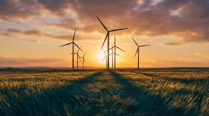 Obraz premium Wind turbines stand tall in a field during sunset, casting long shadows on the grass