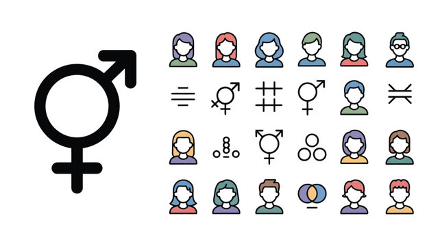 Vector Thin Line Gender Identity and Equality Icon Set with Face Avatars and Gender Symbols Isolated on White Background for UI Education and Infographics