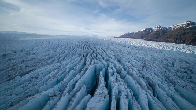Starting aircraft descending over crevassed ice, showing detail and snowy range right for mapping