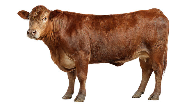 Brown cow standing isolated on transparent background with wet fur