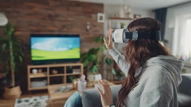 Medium shot of a person wearing VR headset exploring a virtual home tour showcasing interactive real estate features and immersive property details.