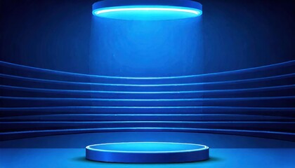 Realistic 3D Blue Cylinder Pedestal Podium in Sci-Fi Dark Room with Illumination