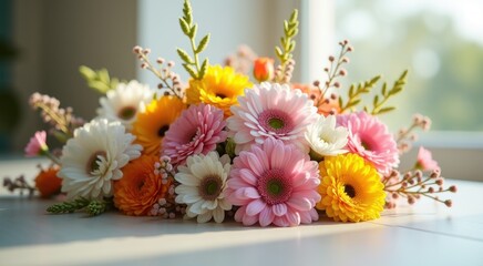 Bouquet of flowers sitting on a table by a window