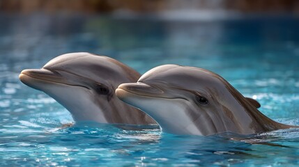Fototapeta premium Two dolphins gracefully swimming together in clear sunlit blue water showing their intelligence and social nature