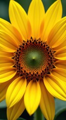 A close up of a yellow sunflower with a green center
