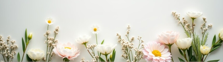 Flowers are arranged in a row on a white surface