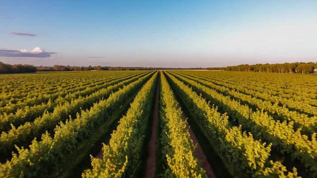 Flying aerial drone beginning forward flight over vineyard rows, revealing vanishing point
