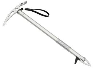 Silver ice axe for mountaineering and climbing isolated on transparent background