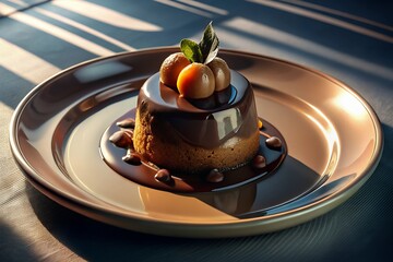 Delicious chocolate cake with fresh fruit on a shiny plate